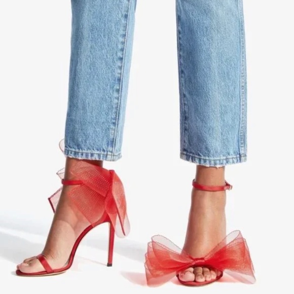 Jimmy Choo Aveline 100 Bow Ankle Strap Sandal Siletto Red (8) NWT - Picture 1 of 5